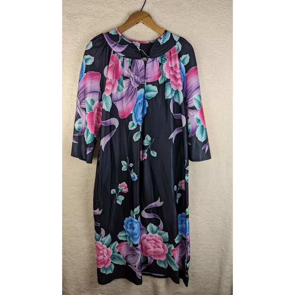 Vtg Poly‎ Floral House Dress One Pocket Tiger Lily Rare Mod Hippie Zip CLOSE